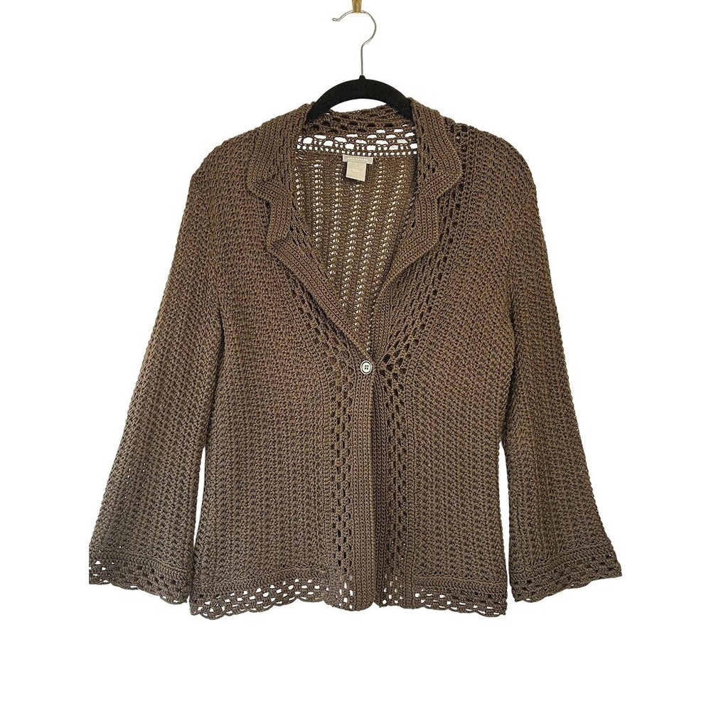 Ann Taylor Brown Cotton Crochet Knit Button Front Cardigan Jacket Granny Boho S
